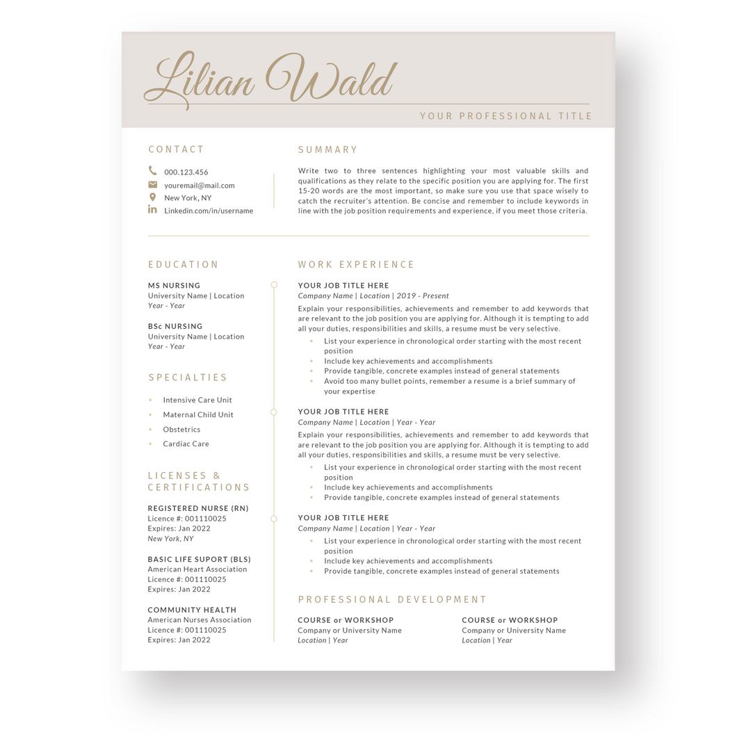 Registered Nurse Resume Template for Word. CV Template with Cover Letter and References Templates. Modern resume format. Curriculum Vitae