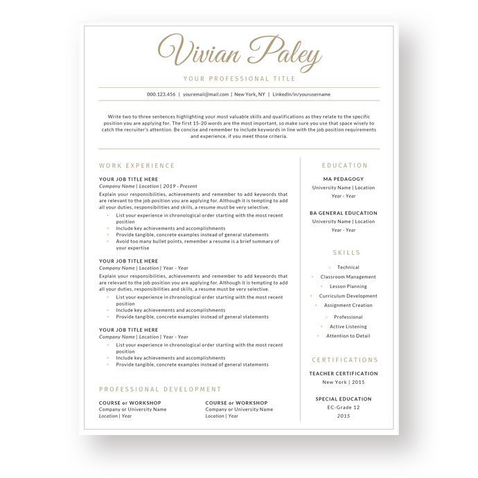 Teacher Resume Template for Word. CV Template with Cover Letter and References Templates. Professional resume format. Curriculum Vitae