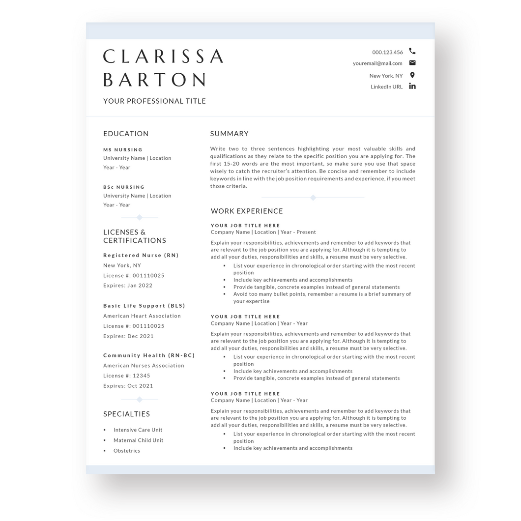 Nursing Resume Template for Word. CV Template with Cover Letter and References Templates. Modern resume format. Curriculum Vitae
