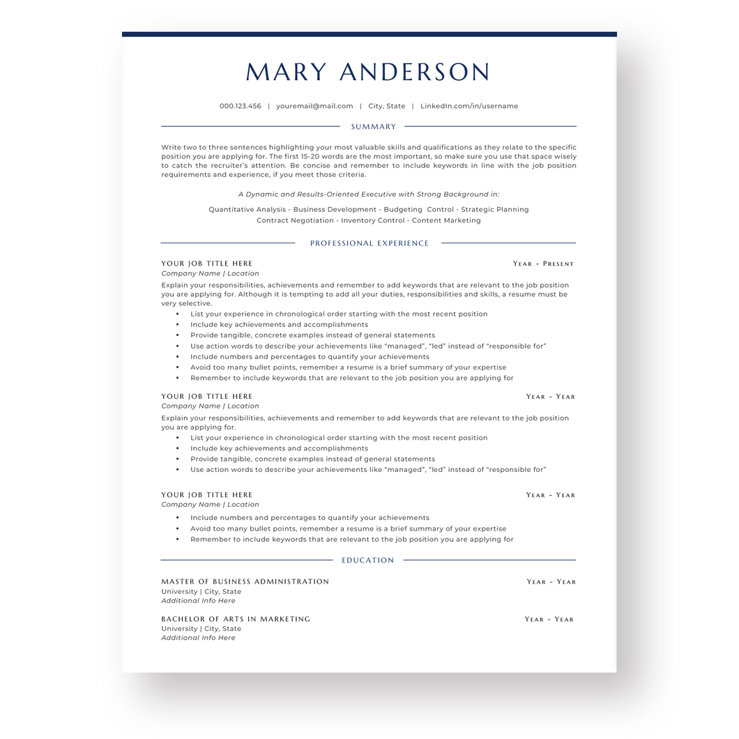 Executive Resume Template for Word - The Mary Anderson