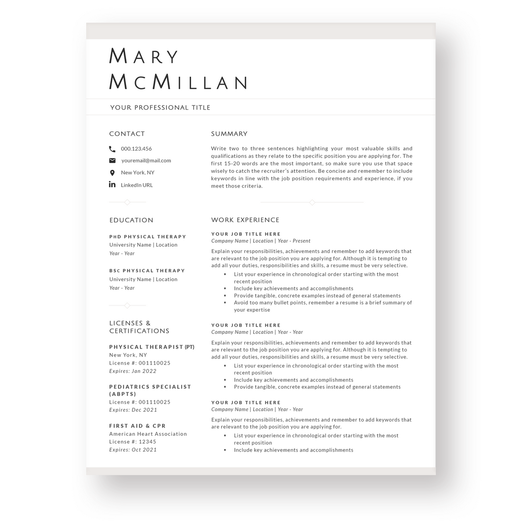 Physical Therapy Resume Template for Word. CV Template with Cover Letter and References Templates. Modern resume format. Curriculum Vitae
