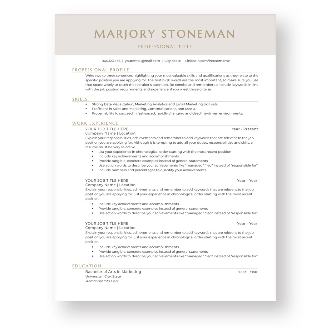 ATS Friendly Resume Template for Word - The Marjory