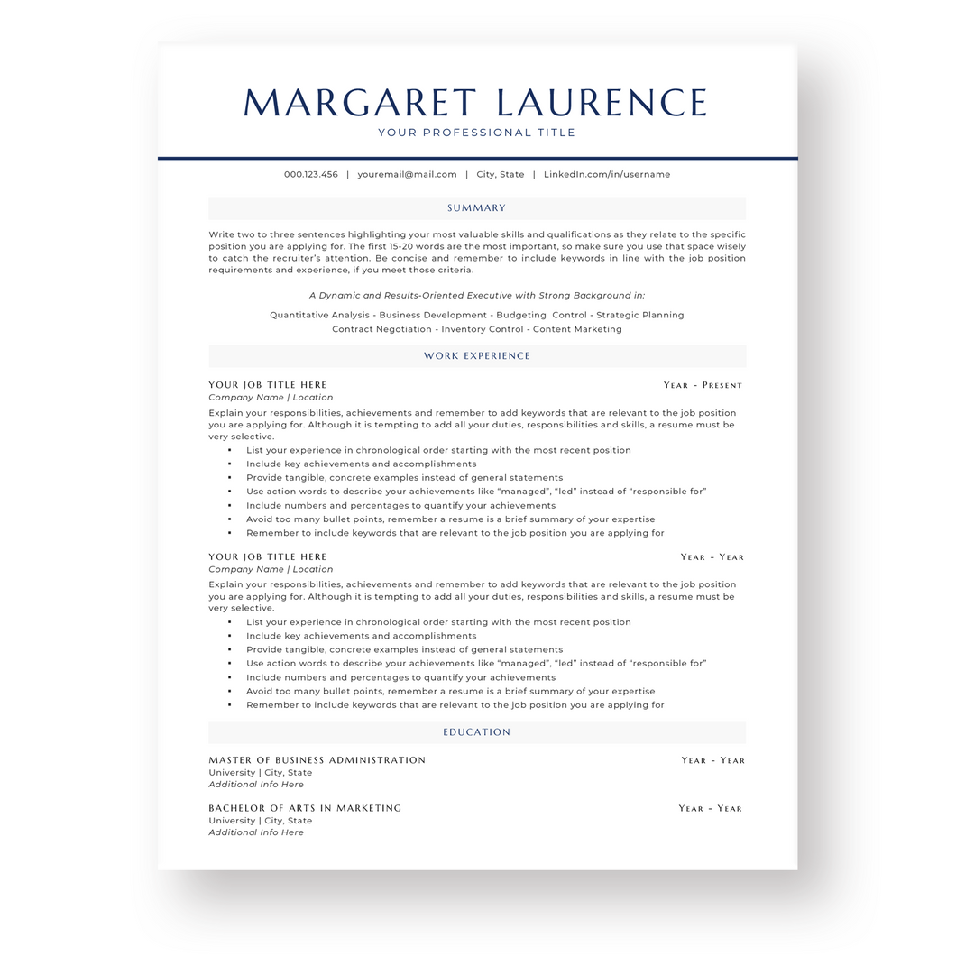ATS Friendly Resume Template for Word - The Margaret Laurence