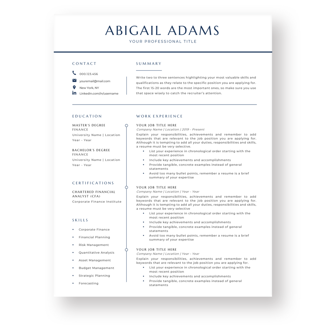 Finance Resume Template for Word - The Abigail
