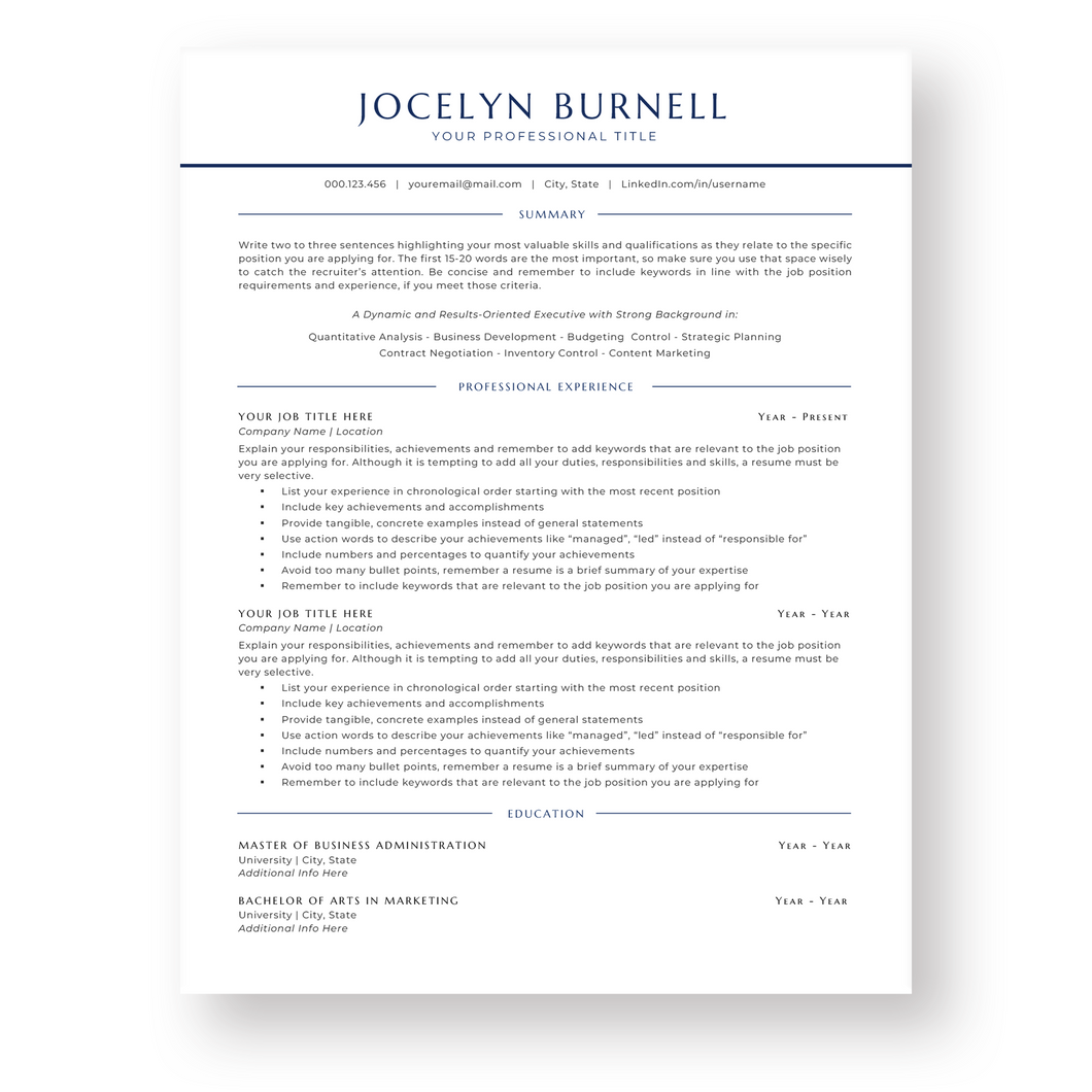 Executive ATS Resume Template for Word - The Jocelyn