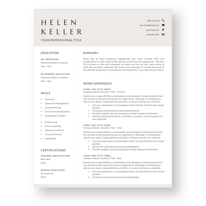 Teacher Resume Template for Word. CV Template with Cover Letter and References Templates. Modern resume format. Curriculum Vitae