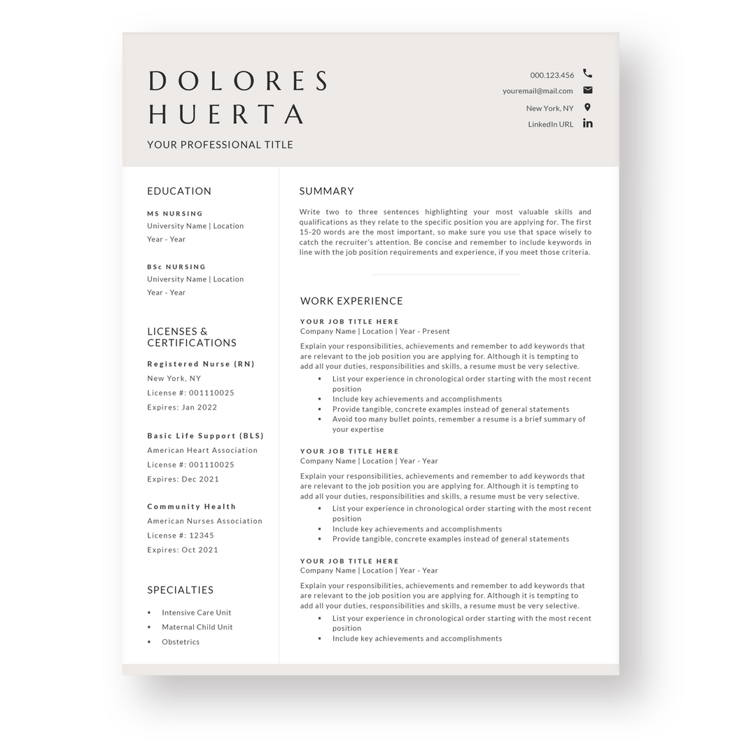 Nurse Resume Template for Word. CV Template with Cover Letter and References Templates. Modern resume format. Curriculum Vitae